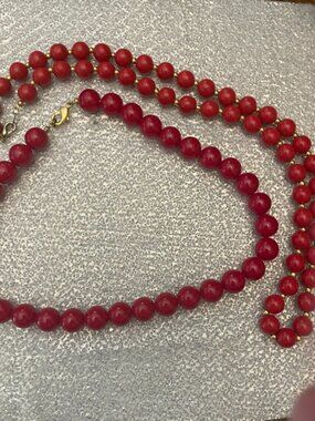 Vintage red bead necklaces featuring round red beads w/ small gold-tone spacer